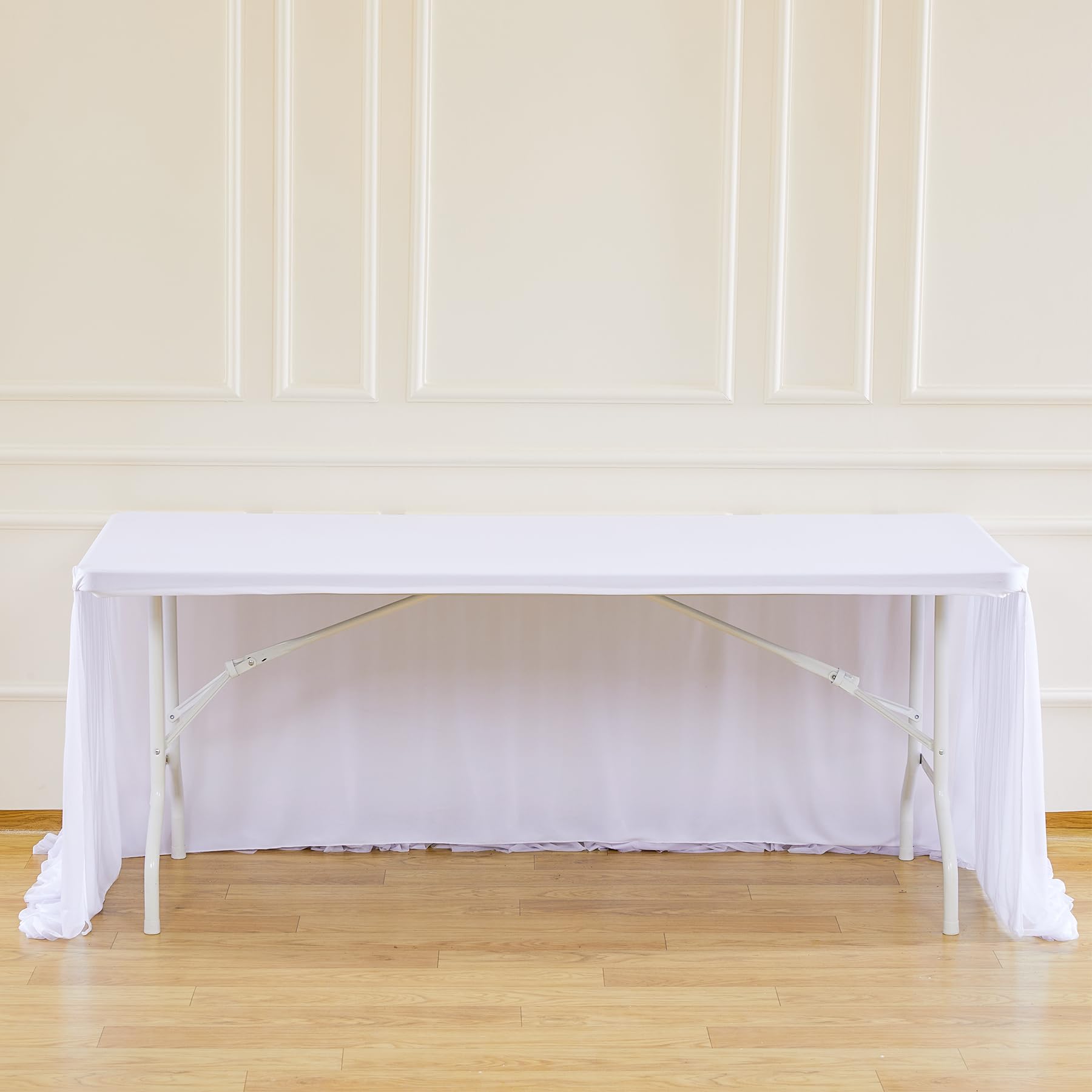 White Tulle Tablecloth 4Pack Stretchable Cross Table Cover 3 Sides for Wedding, Birthday, Party Decor, Banquet, Bridal Shower Fits Rectangle Tables 4ft