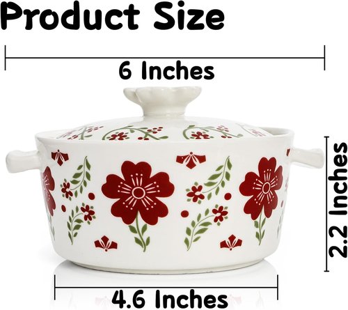 Coloch Mini Cocotte Set - 4 Pack 8 Oz Ceramic Ramekins with Lids | Oven Safe Red Casserole Dishes
