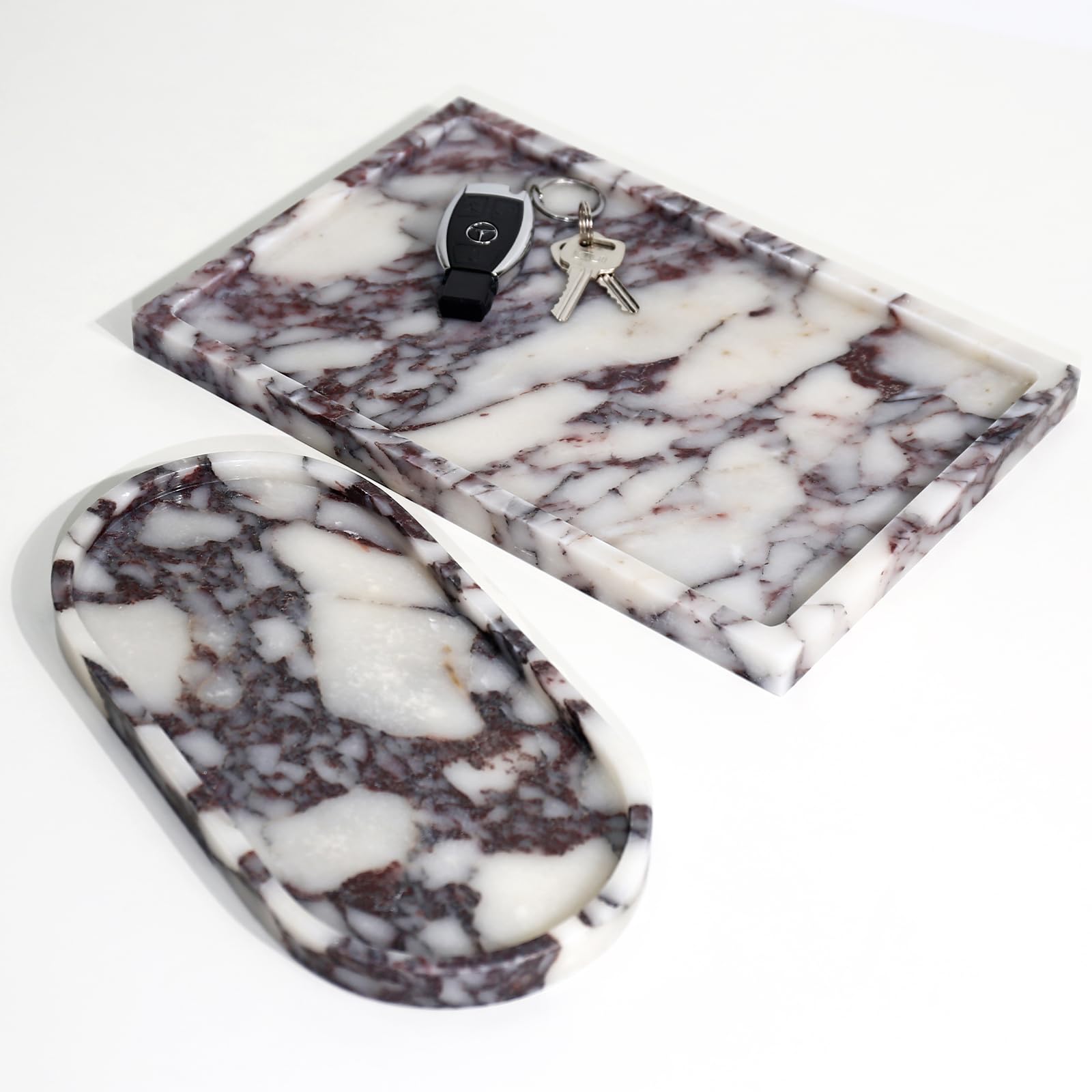 Real Luxurious Natural Marble Vanity Tray Genuine Marble Storage Tray for Home Decor Stone Tray for Bathroom/Kitchen/Vanity/Dresser Non-Resin/Non-Ceramic/Viola Oval Set