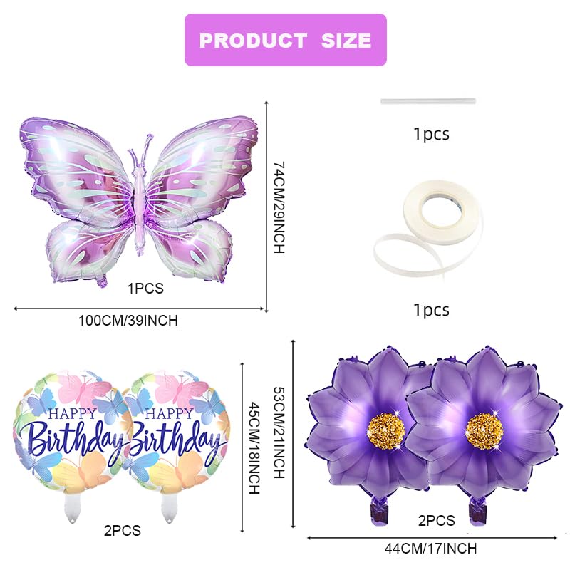 Butterfly Balloon Set - 1 Foil Butterfly, 2 Birthday, 2 Sunflower Balloons