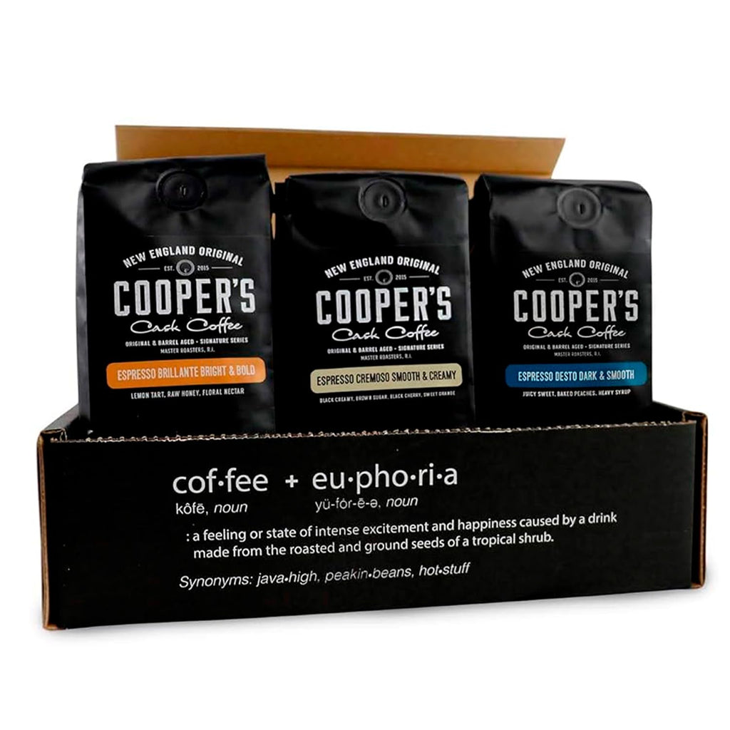 Espresso Box Set, Coffee Ground For Espresso, Sampler Gift Set Featuring Brazilian, Kenyan, & Ethiopian Coffee Beans, Light, Medium & Dark Roast Ground Coffee, 8 oz Bags, 24 oz Total