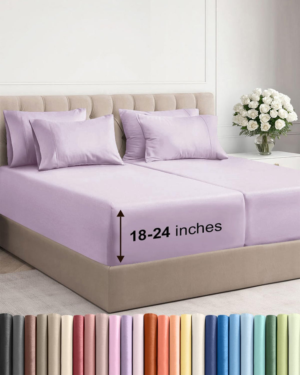 Skiennix Extra Deep Split King Sheet Set - 7 Piece Breathable Cooling Bedding - Soft Wrinkle-Free Light Lavender