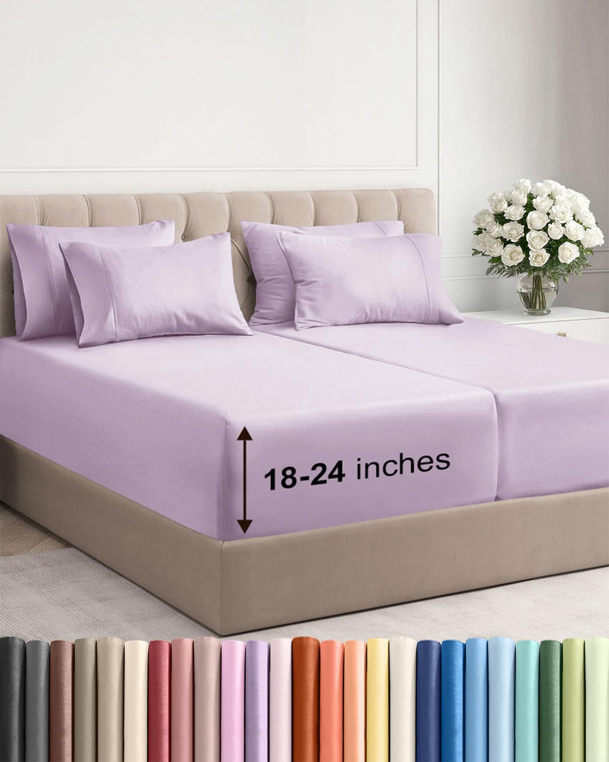 Skiennix Extra Deep Split King Sheet Set - 7 Piece Breathable Cooling Bedding - Soft Wrinkle-Free Light Lavender
