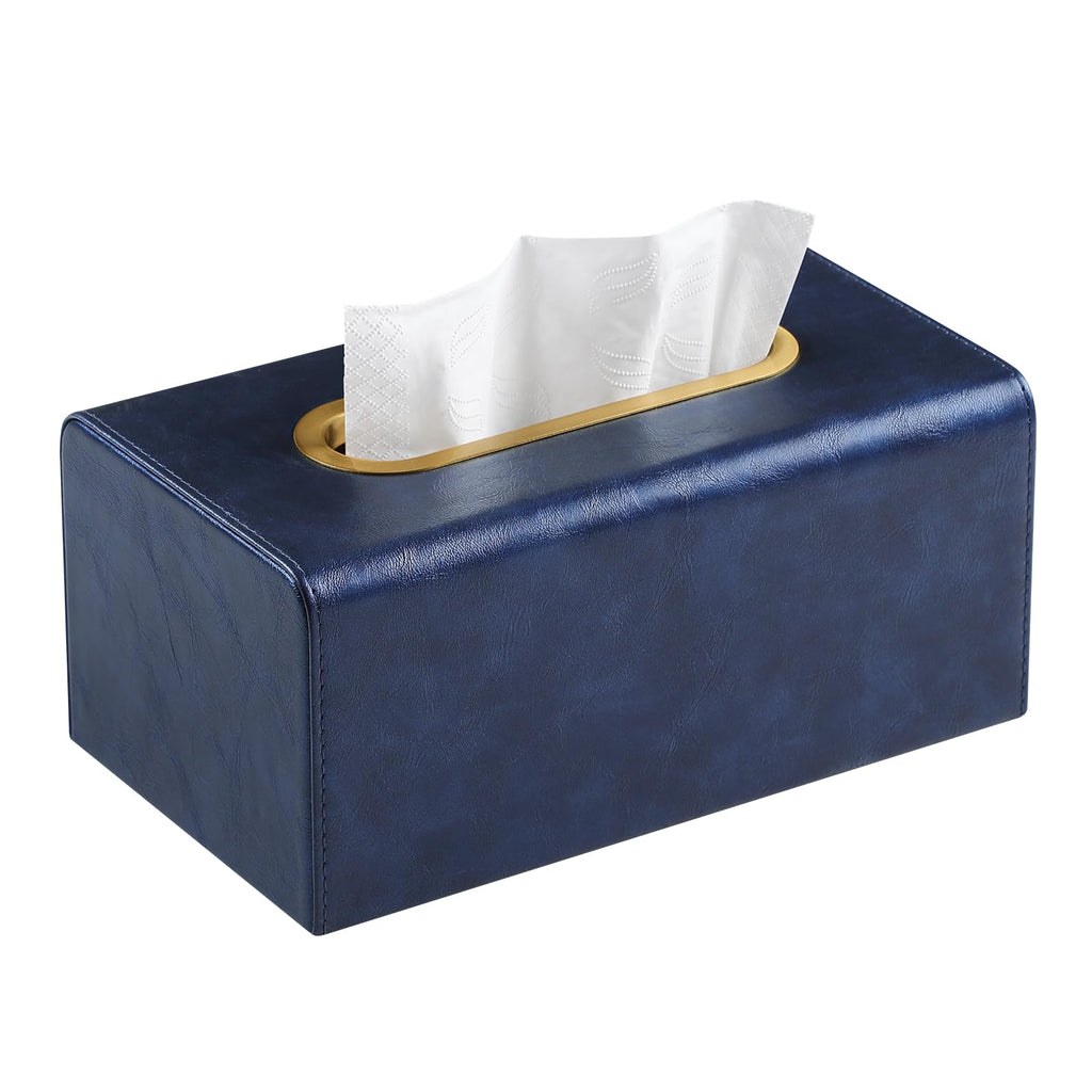 MEIBOOCH PU Leather Tissue Box Cover Rectangular Tissue Box Holder for Boxes Up to 3.9" Tall, Decorative Rectangle Tissue Cover for Bathroom Living Room Car Office (Navy Blue)