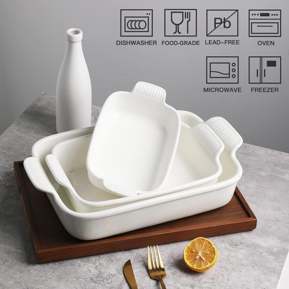Sweejar Baking Pans Set - Durable Ceramic 9x13 Baking Dish with Handle | 3-Piece Casserole Bakeware Set in White