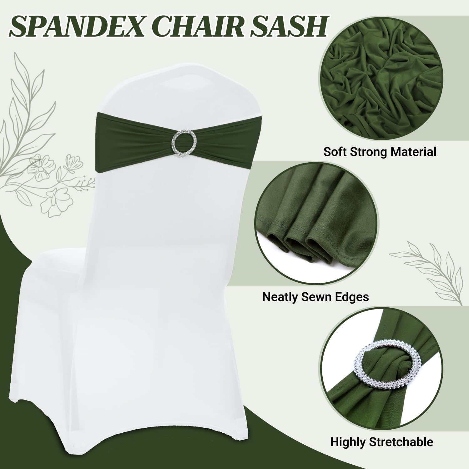 MDS Spandex Chair Sashes - Universal Fit Elastic Stretch Bands with Buckle for Events | Olive Green, Pack of 150