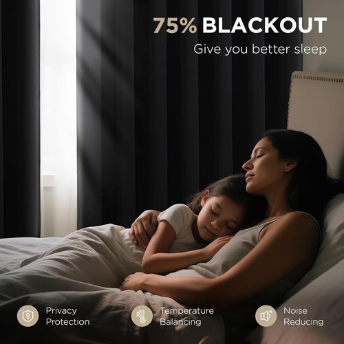 Joydeco Blackout Curtains - 84 Inch Long Black Drapes | Noise Reducing, Energy Saving & Wrinkle-Free, 2 Panels