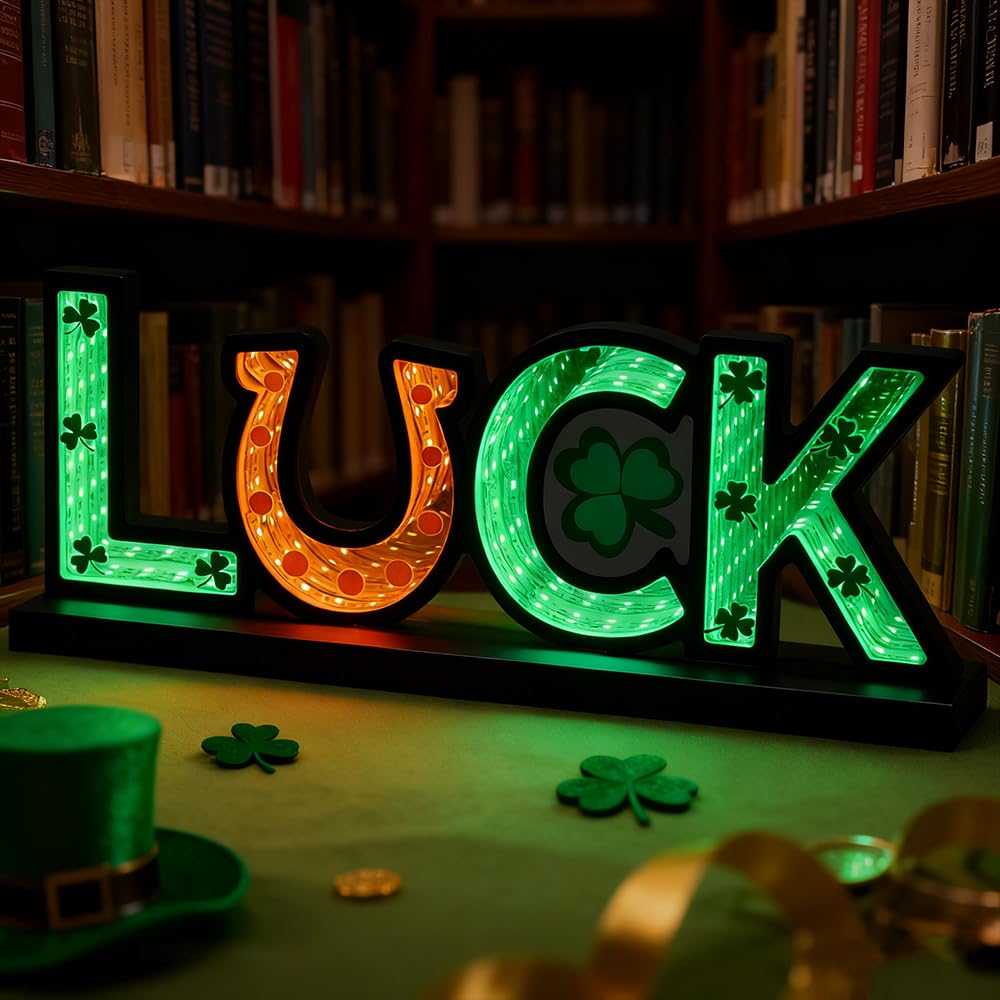 MEETYAMOR St Patricks Day Decorations, Luck Sign Infinity Mirror Tunnel Light with Shamrock for St Patricks Day Decor, Night Lights with Endless Extension for Home Living Room Table Centerpiece