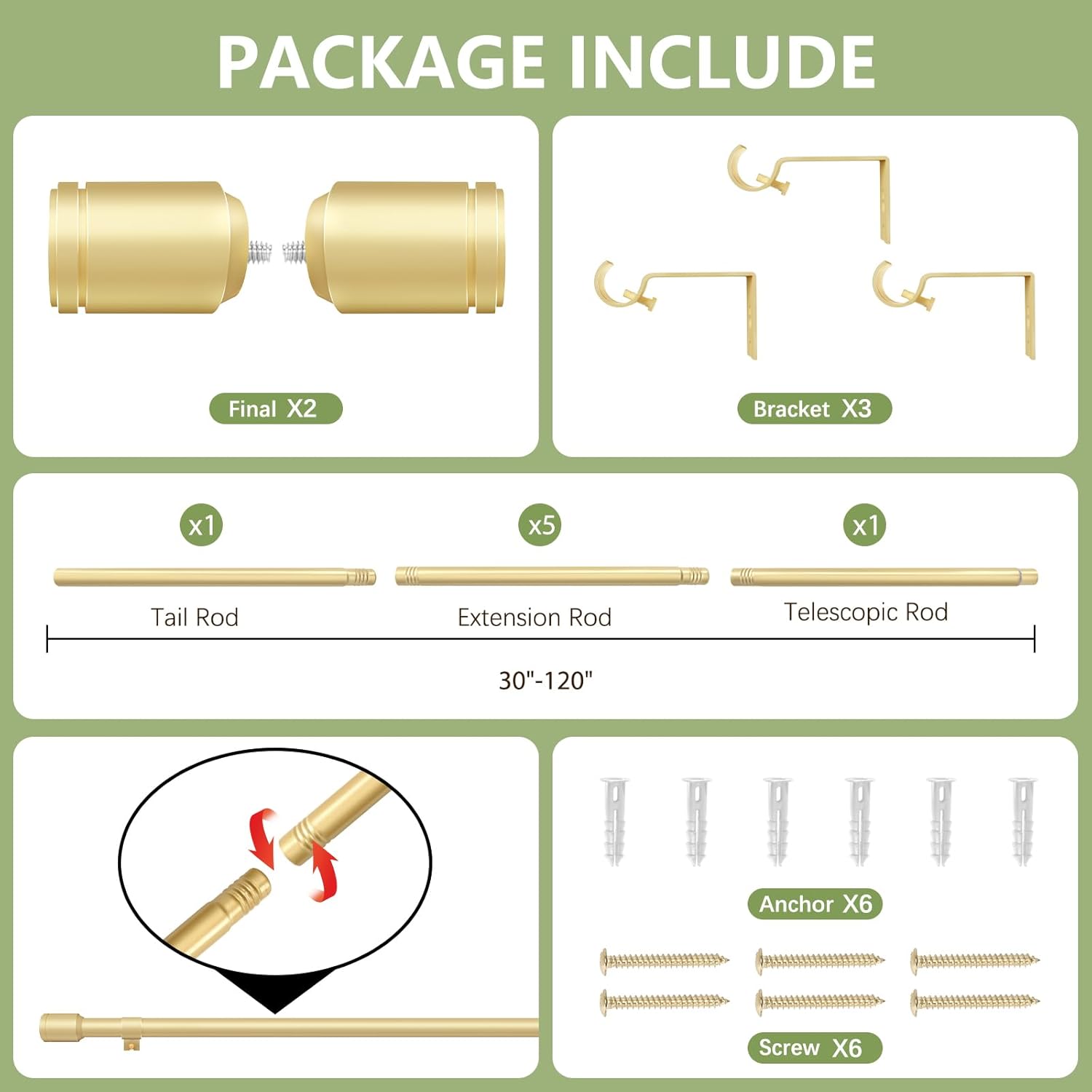 Skiennix Adjustable Curtain Rods - 30-120 Inch, Gold Finish for 30-114 Inch Windows | Includes Brackets