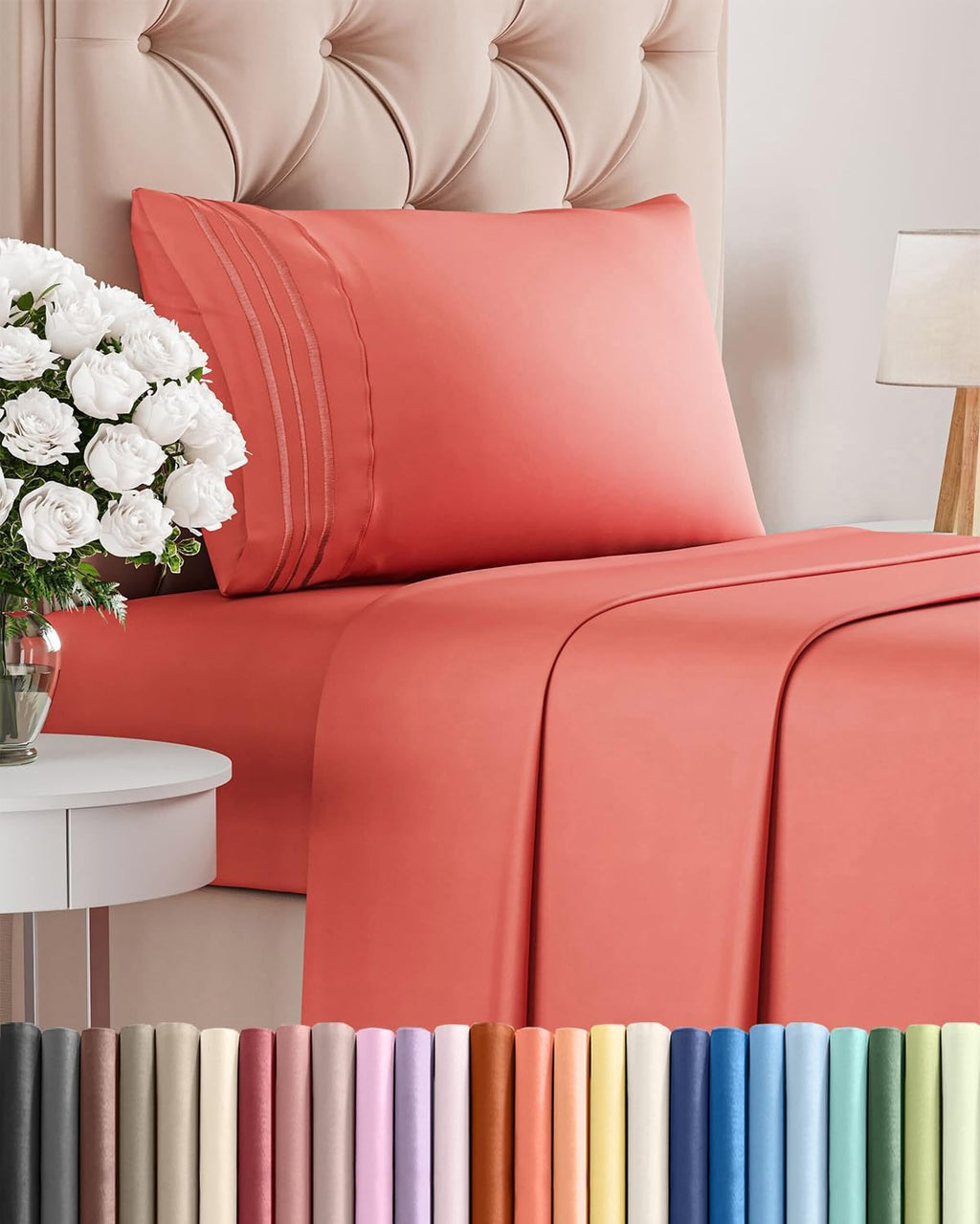 Skiennix Twin XL Sheet Set - Comfy Breathable Cooling Bedding - Ultra-Soft Coral Color, Deep Pockets