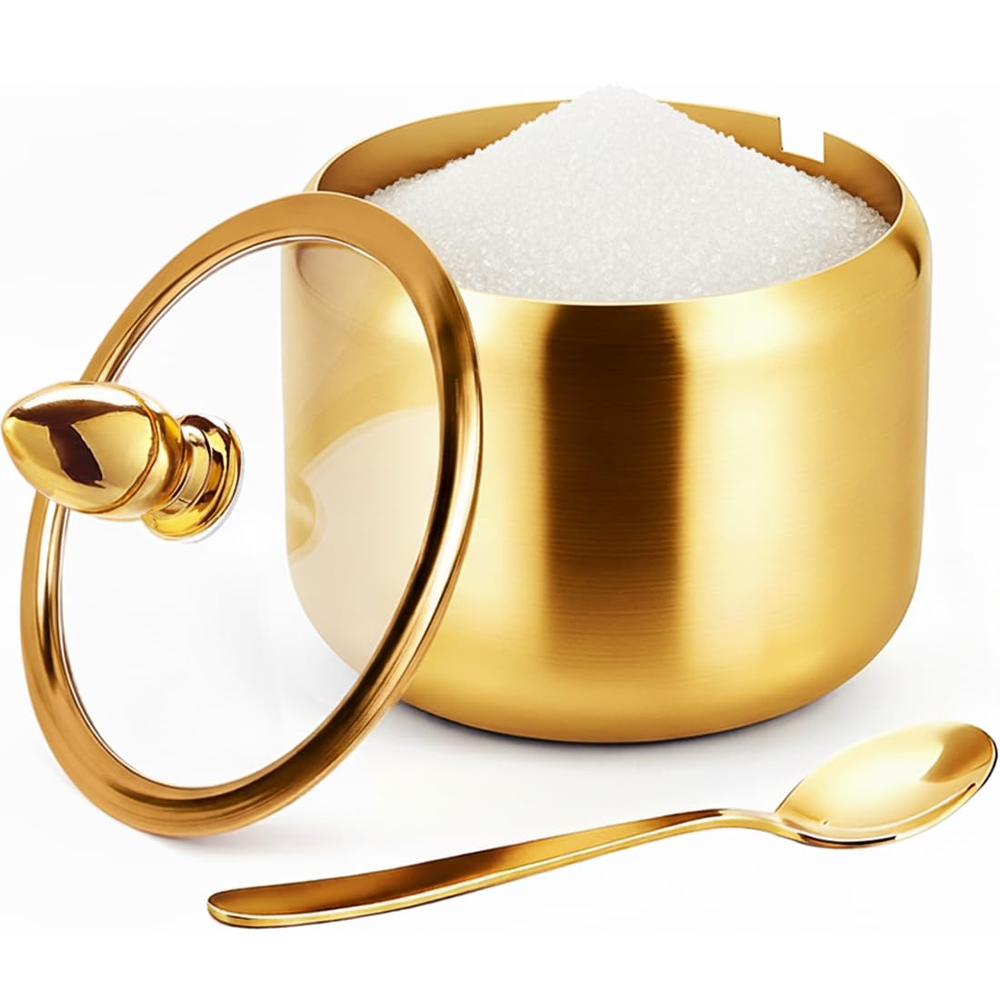 Phininia Coffee Bar Accessories Sugar Container with Glass Lid and Spoon, 10oz Gold Sugar Bowl for Kitchen Storage, Sugar Jar for Salt, Candy, Coffee Bean, Gold