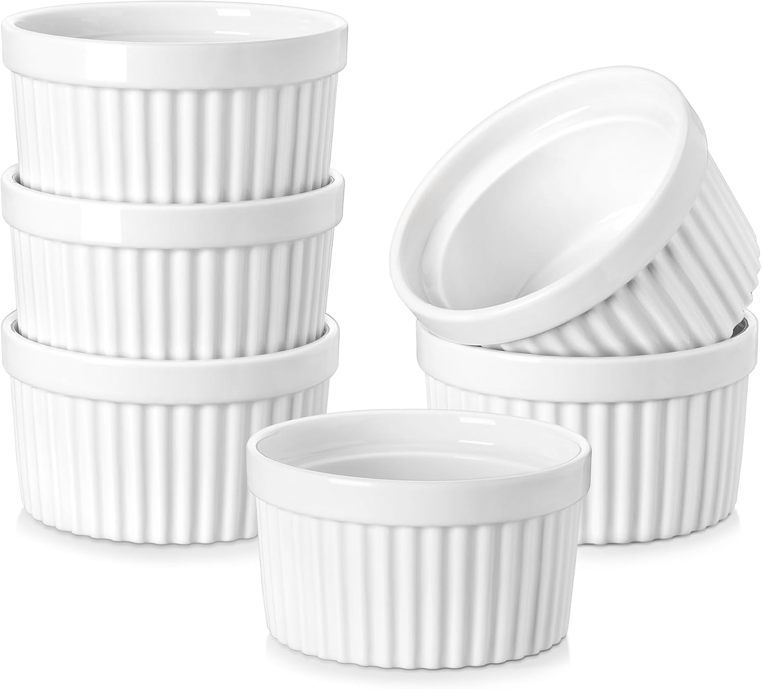 MALACASA Ramekins - 8 oz Oven Safe Porcelain Baking Cups | Set of 6 White Creme Brulee Dishes