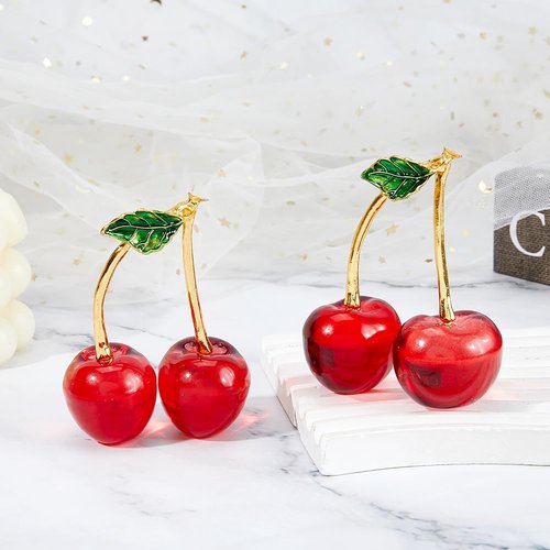 DICOSMETIC Glass Cherry Figurines - 2Pcs Red Crystal Fruit Ornaments for Home & Office Decor