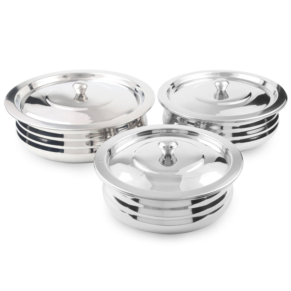 CRAFTONE Stainless Steel Heavy Duty Induction Cooking Pot Cook and Serve Handi With Lid Set of 3 pcs, Premium Steel Tope, Patila Handi for both cooking and serving (1.9 Qt, 2.4 Qt and 3.3 Quart)
