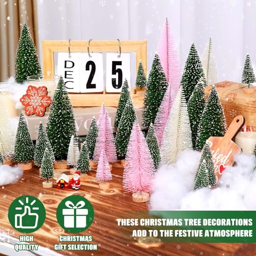 Mini Christmas Tree Set 30pcs Artificial Bottle Brush Trees with Wooden Bases - Colorful Holiday Decor, Pink, Green & Beige