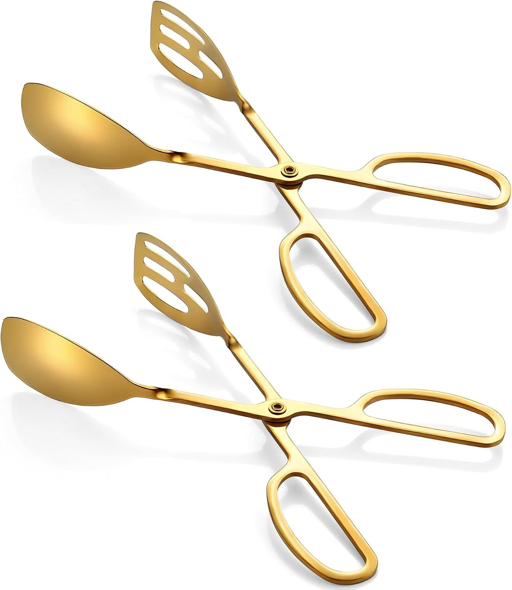 Salad Tongs - Premium Stainless Steel Scissor-Style Serving Utensils | Non-Toxic, Heat-Resistant, 2-Pack (Gold)