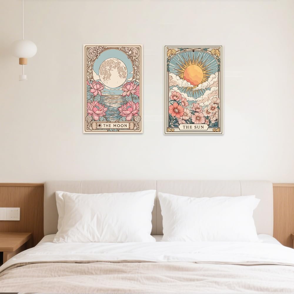 SWQYLB Celestial Sun Moon Wall Art Set - Floral Canvas Prints for Witchy Bedroom Decor (12"x16")