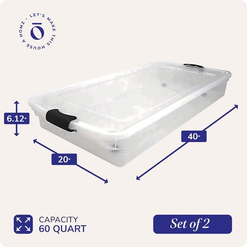 HOMZ Under Bed Storage Bins - 2-Pack Clear Plastic Containers with Lids, 60 Quart, Gray Latch | Stackable Organizer for Shoes, Bags, Clothes, Towels