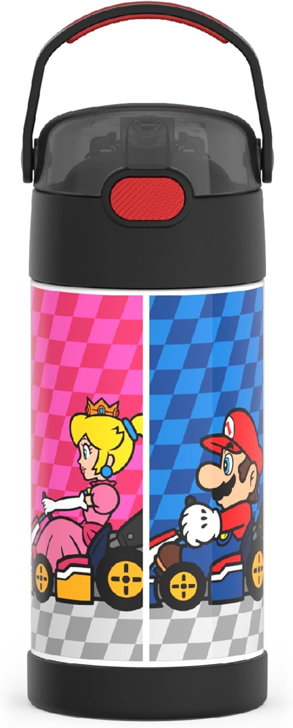 THERMOS FUNTAINER Water Bottle - 12 Ounce Kids Stainless Steel Vacuum Insulated with Straw | Super Mario Design