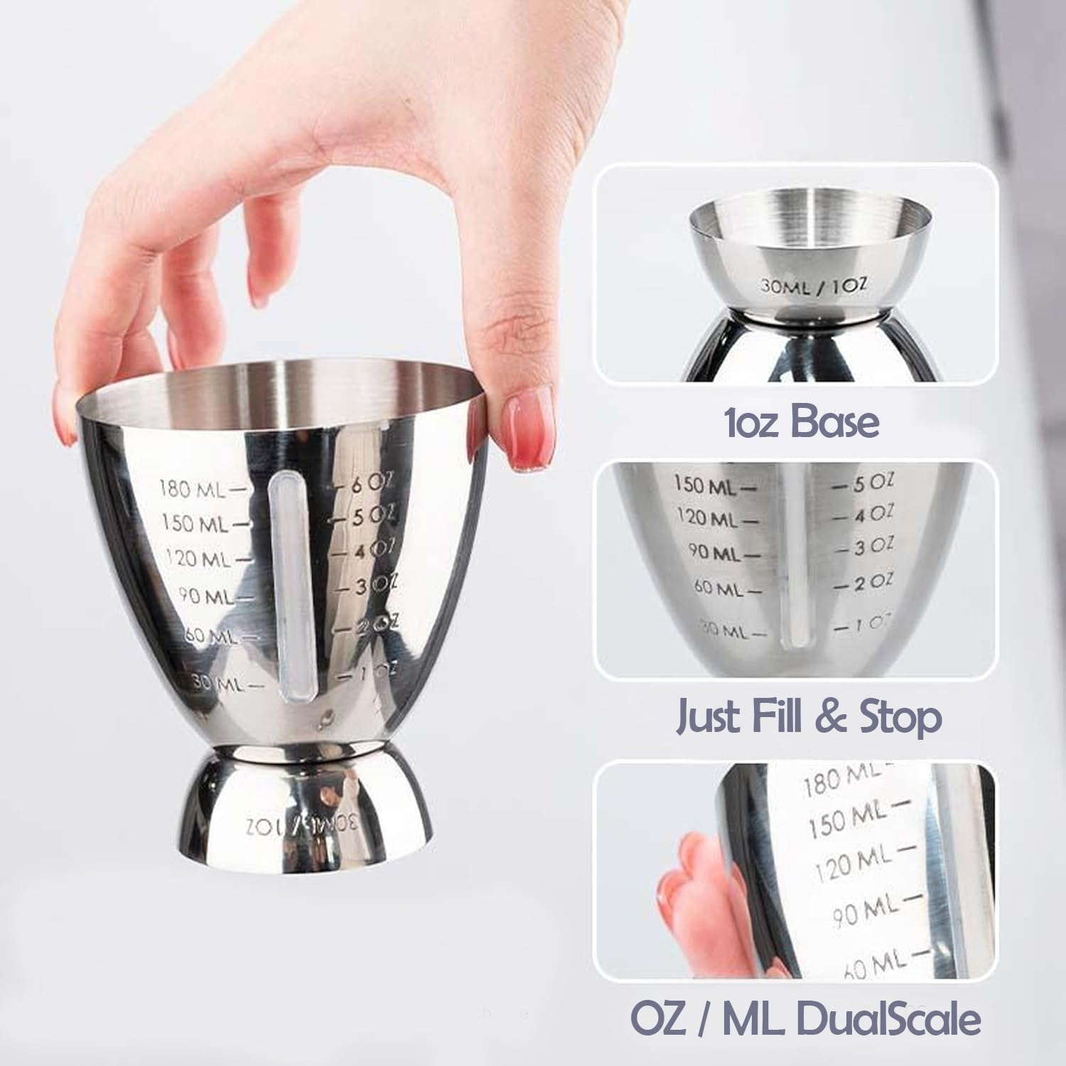 Cocktail Measuring Jigger for Bartending with Graduated Markings 1 oz to 6oz Heavy Duty 18/8 Multi-Unit Measure Stainless Steel Shot Measure Cup