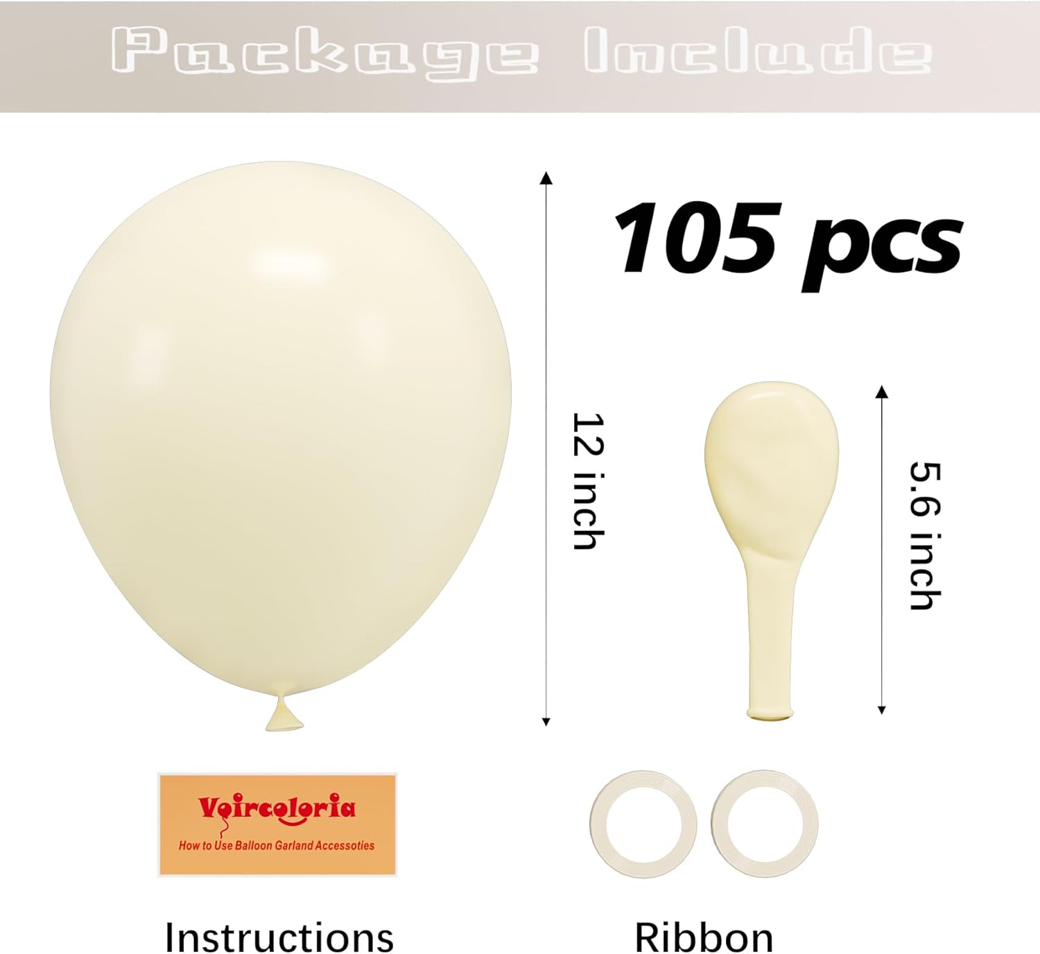 Voircoloria 105-Piece Ivory Latex Balloons - 12-Inch for Birthday, Baby Shower & Wedding Decor
