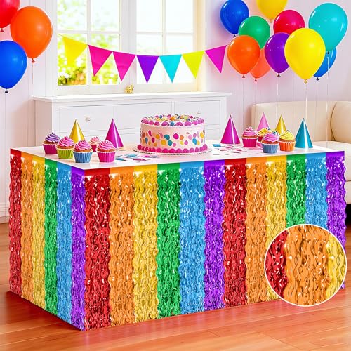 Rainbow Table Skirts - 2 Pack Tinsel Fringe for Party Decor