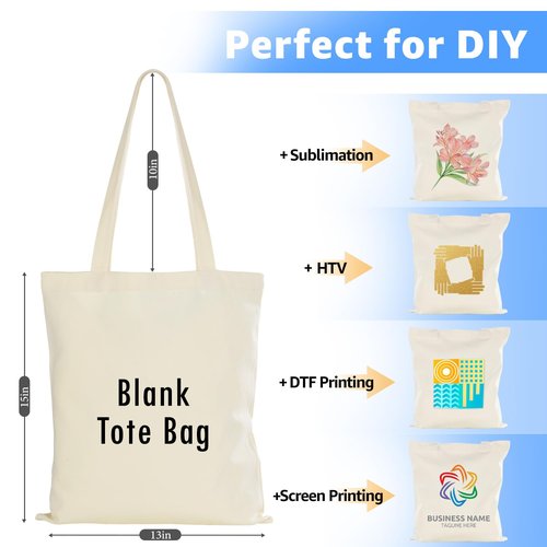 Lzerking 50 Pack Canvas Tote Bag Bulk for Small Business or Group, 13x15 Inches Blank Tote Bags for Sublimation, HTV, Screen Printing