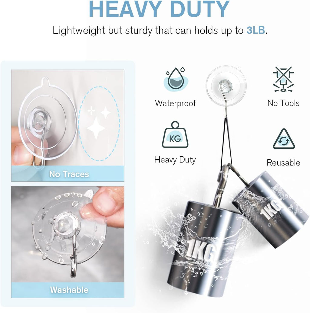 VIS'V Suction Cup Hooks - 1.77 Inch Clear Window Suction Cups with Metal Hooks | 12 Pcs, Removable & Reusable