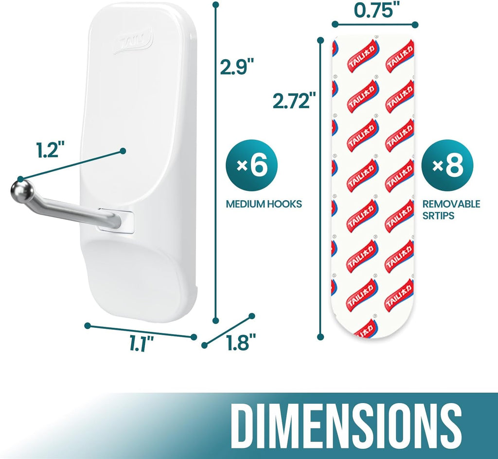 TAILI Heavy-Duty Hooks for Hanging | No-Damage White Utility Hooks with 8 Adhesive Strips | Removable & Reusable, Holds Up to 3 lb