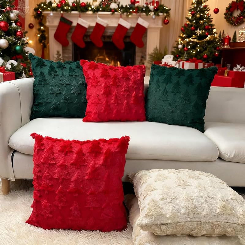 Booque Valley 2 Pack Beige Christmas Tree Pillow Covers 20x20 inches - Fuzzy Wool Embroidered 3D Pine Tree