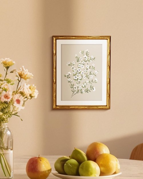 Framed White Flower Canvas Print | Minimalist Botanical Art with Gold Bamboo Frame - 11x14