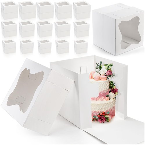 Pumtus 15 PCS Tall Cake Boxes, Square Cake Box with Window in 3 Sizes 12x12x12 10x10x10 8x8x8 Inches, Cardboard Tier Cake Bakery Container, Disposable Dessert Pie Takeout Carrier for Wedding Birthday