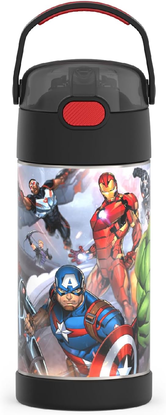 THERMOS FUNTAINER Water Bottle - 12 Ounce Kids Stainless Steel Vacuum Insulated with Straw | Avengers Design