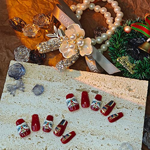 Ricefod Handmade Press on False Nails Luxury Coffin Red Medium 10pcs