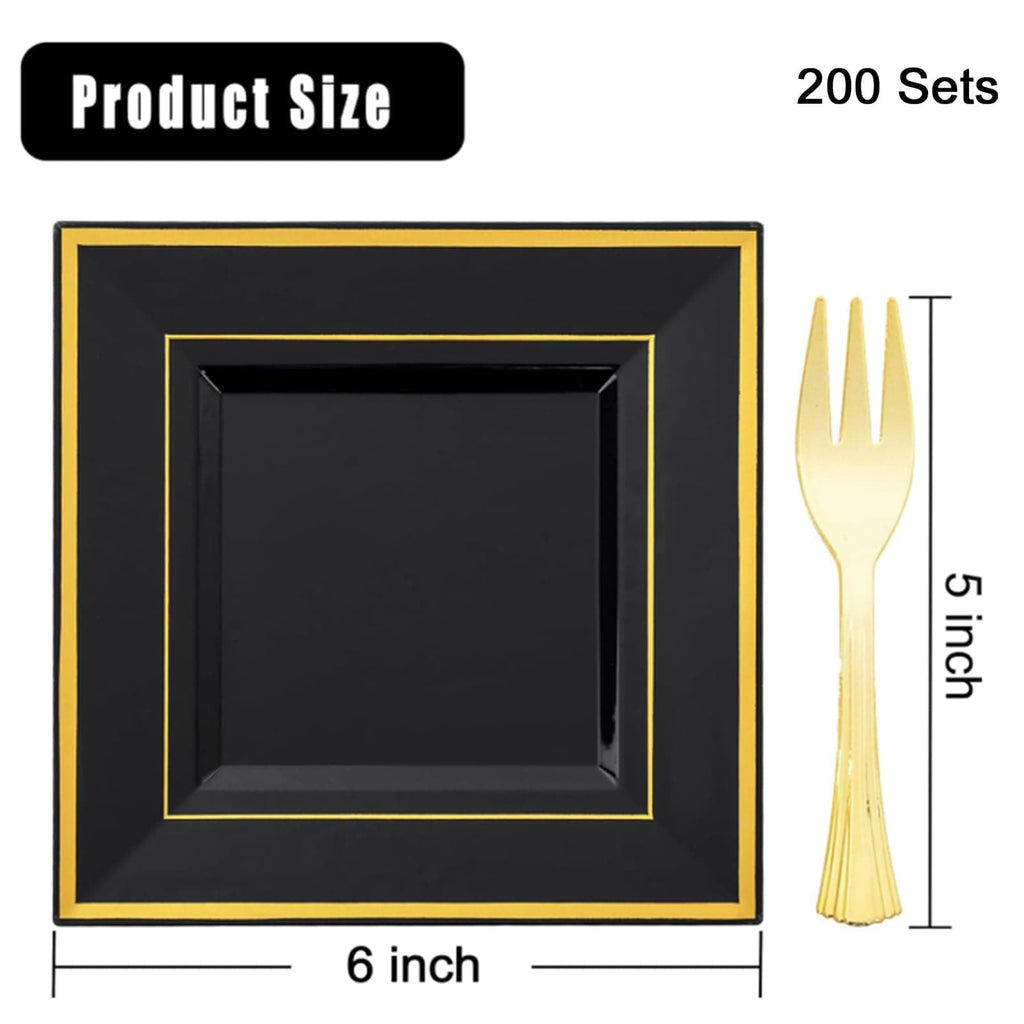 WDF 200PCS Black and Gold Plastic Dessert Plates with Plastic Forks -6’’ 100 Square Disposable Appetizer Plates Small Plate Cake Plate with Gold Rim for Wedding/Party/Birthday/Graduation