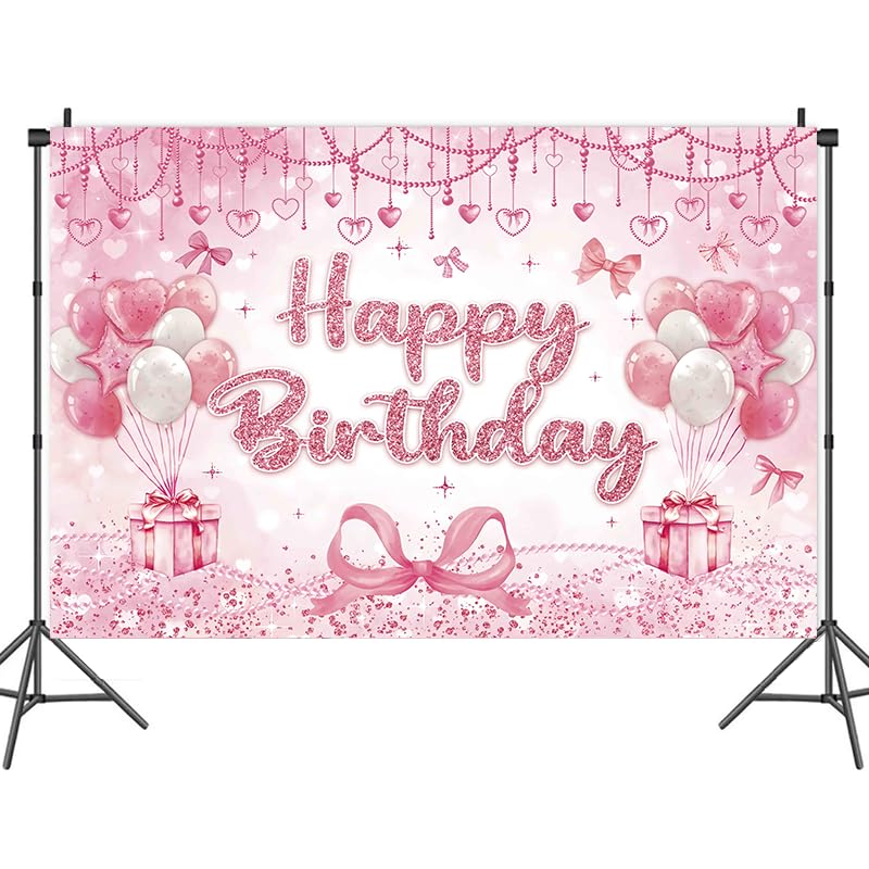 Pink Heart Bow Happy Birthday Backdrop Banner 70.8 x 47.2 Inch