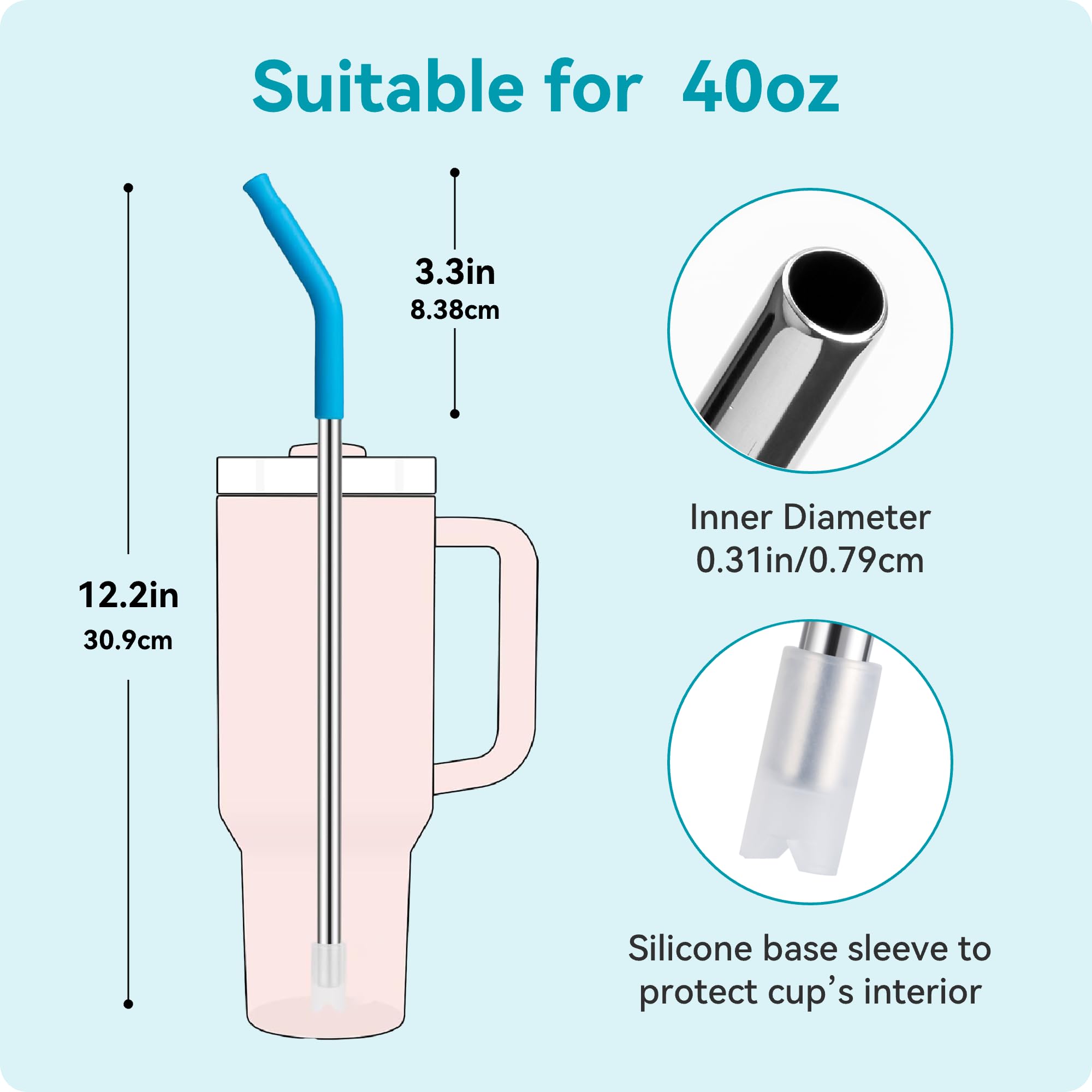 Soledea 40 oz Straight Metal Straws for 40 oz Stanley Tumbler, 6 Pcs Stainless Steel Reusable Drinking Metal Straw with Colourful Silicone Tips,Straw for Glass Cups, BPA FREE