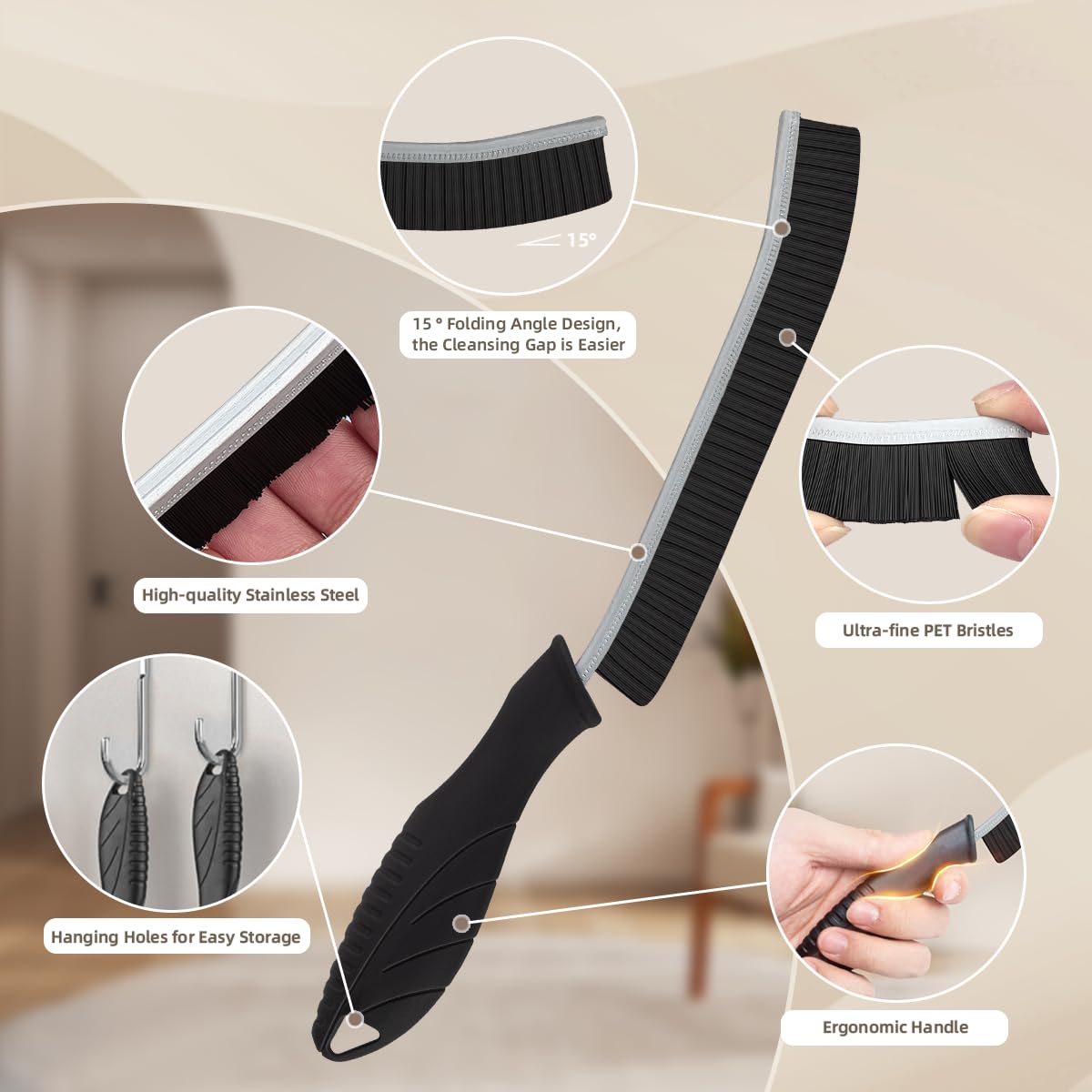 SXhyf Hard Bristle Crevice Cleaning Brush - Multifunctional Gap Cleaning Brush, Bathroom Cleaning Tools, Grout Brush, Crevice Cleaning Supplies for Household Use, Kitchen, Window, Vehicle (3, Black)