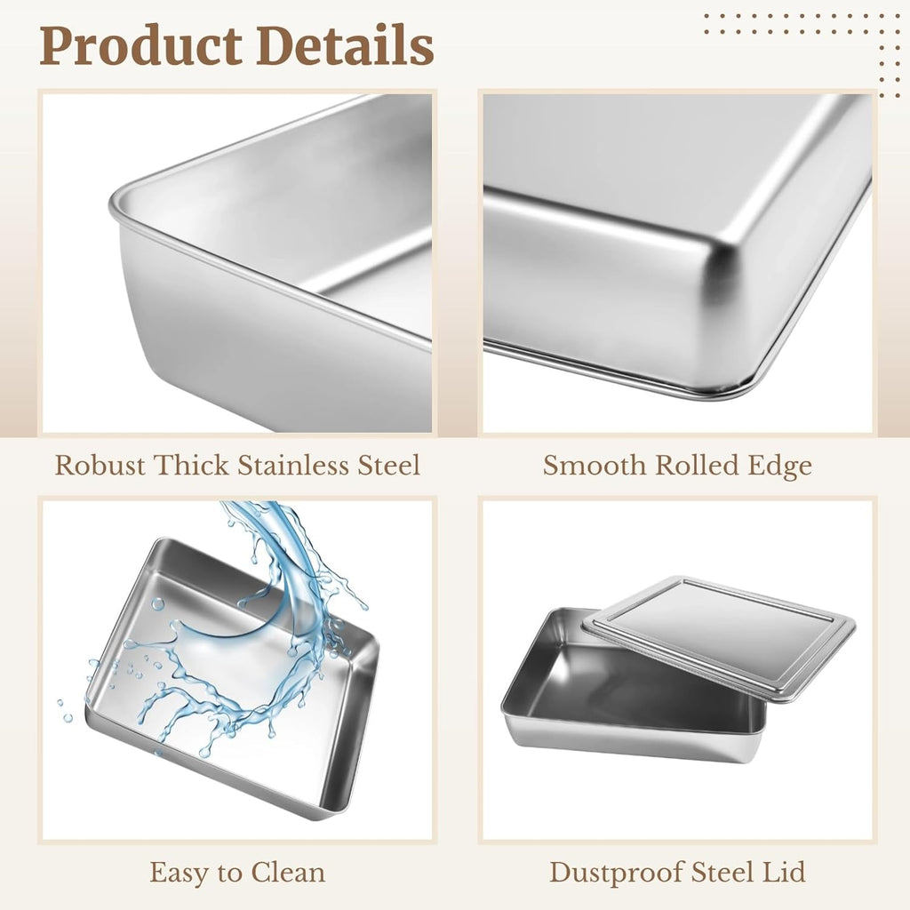 Skiennix Stainless Steel Cake Pan Set - Non-Stick Baking Pans with Lids | 13, 11, 9 Inch Sizes