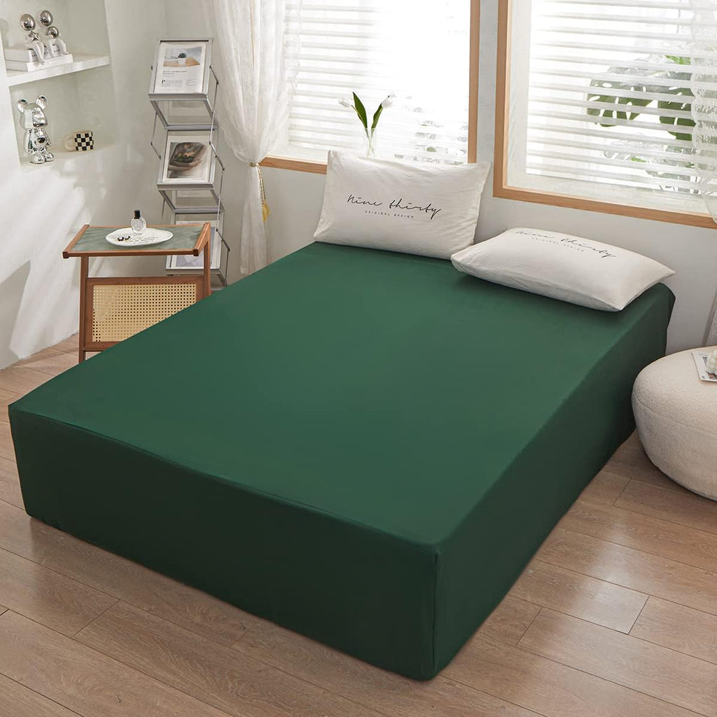 Skiennix Queen Size Fitted Sheet - Soft Microfiber, 15-Inch Deep Pocket, Dark Green, Fade Resistant