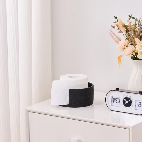 Black Boho Flowers Carved Toilet Paper Holder Stand for Bathroom Countertop or Floating Shelves,Toilet Top Decorative Roll Organizer Mega Roll 5.5 Inches or Less, Free Standing 1 Mega Roll Storage