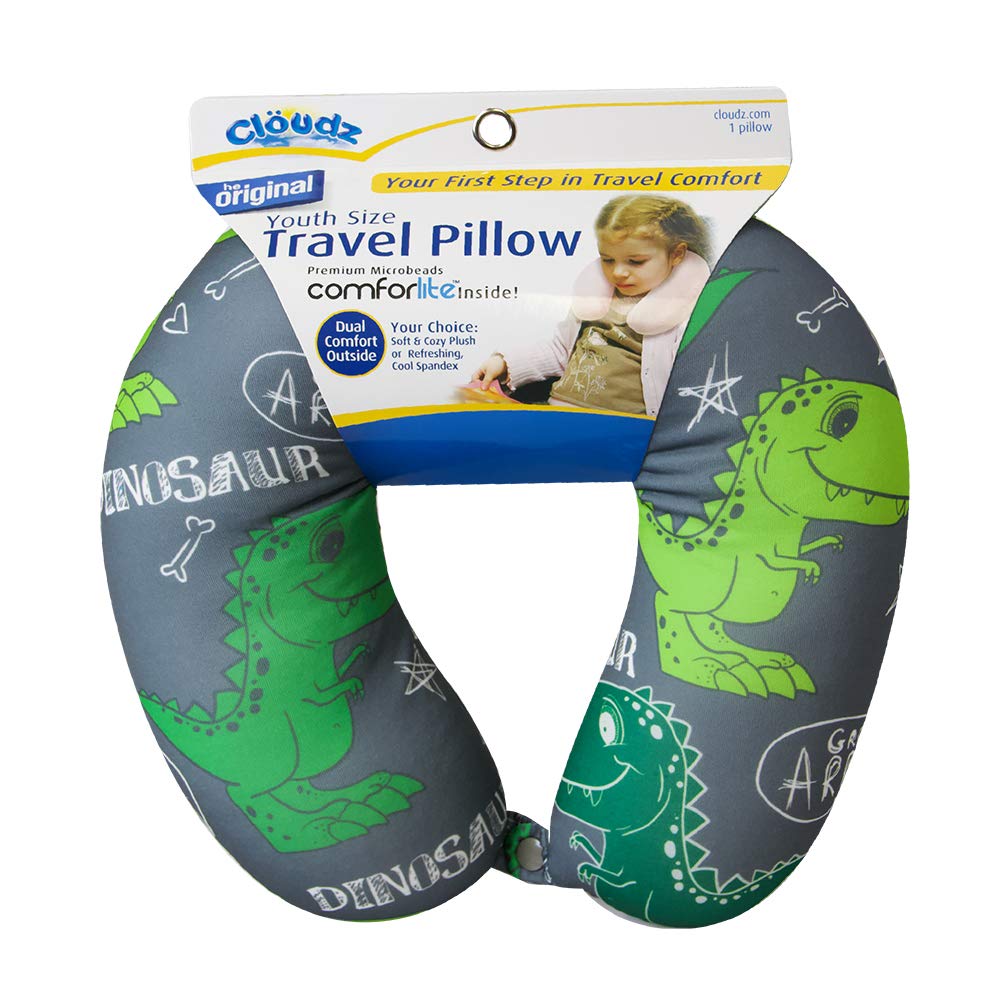 Cloudz Kids Patterned Microbead Airplane Travel Neck Pillow. Super Soft Cozy Cool Fabric and Ultra Premium Comforlite Microbeads will Keep your Kids Comfy and Supported at Home or On the Go! -Dinosaur