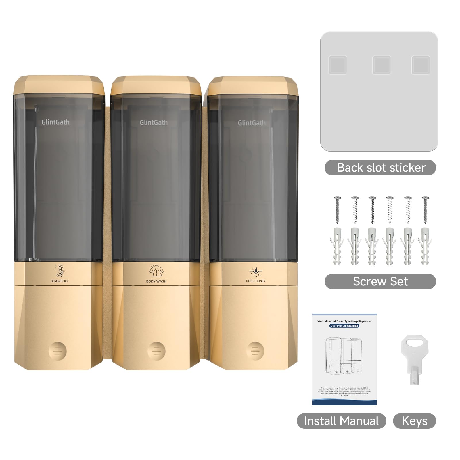 Shampoo and Conditioner Dispenser,Shower Dispenser 3 Chamber No Drill Shampoo Dispenser for Shower Wall Mounted Shower Soap Dispenser for Bathroom Hotel,Large Capacity 3 * 500ML,Gold