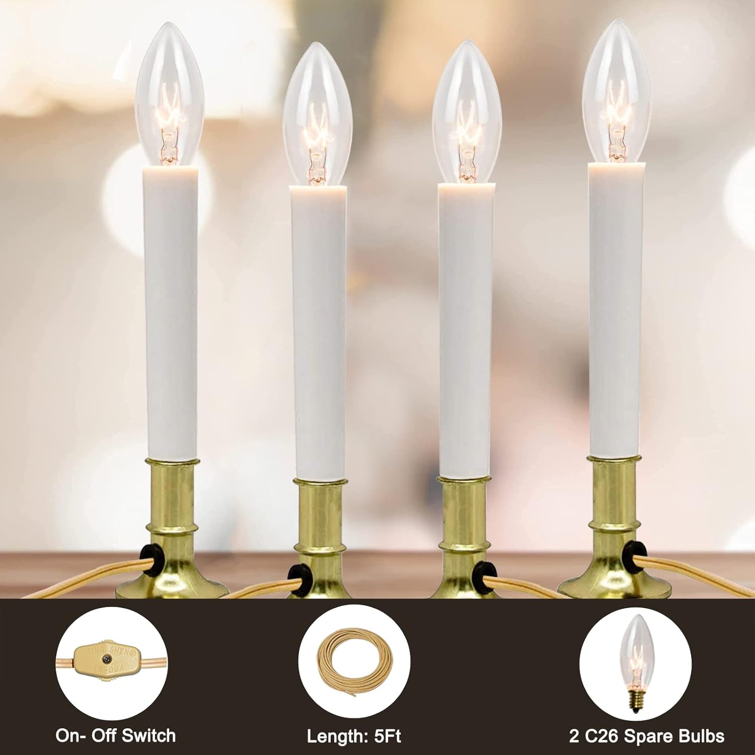 Skiennix Electric Christmas Window Candle Lamp - Flameless Taper Candles with Golden Base | 4 Pack