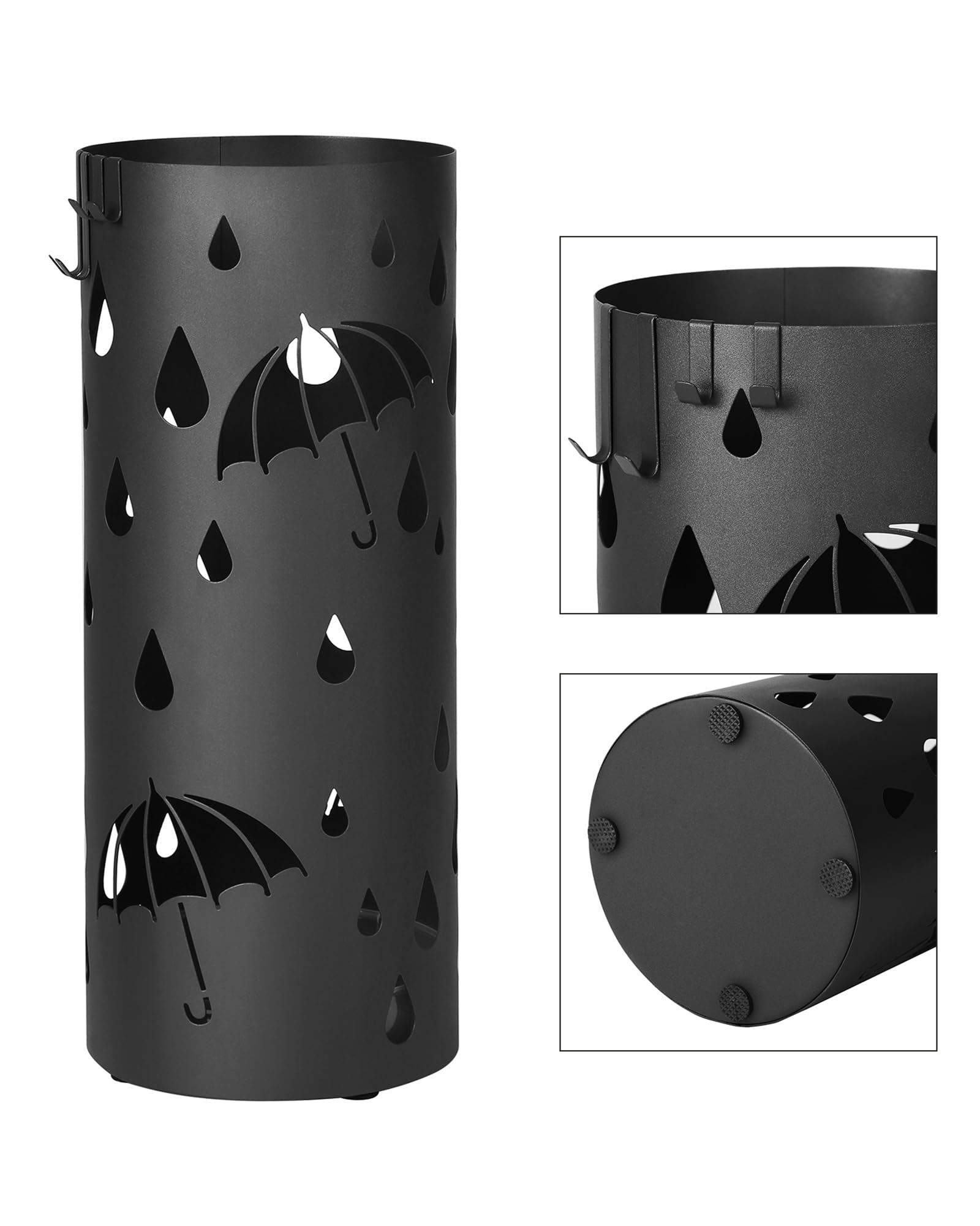 SONGMICS Umbrella Stand, Metal Umbrella Holder for Entryway, with Water Tray and 4 Hooks, 7.7 x 7.7 x 19.3 Inches, Round, Ink Black ULUC23B