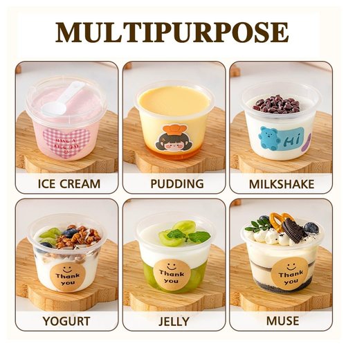 Nefocar 50 Pack 8oz Clear Plastic Pudding/Jello Cups with Lids,Plastic Dessert Cups with Lids and Spoons,Mini Round Yogurt Parfait/Appetizer Cups with Spoons for Milkshake/Fruit/Ice Cream for Party