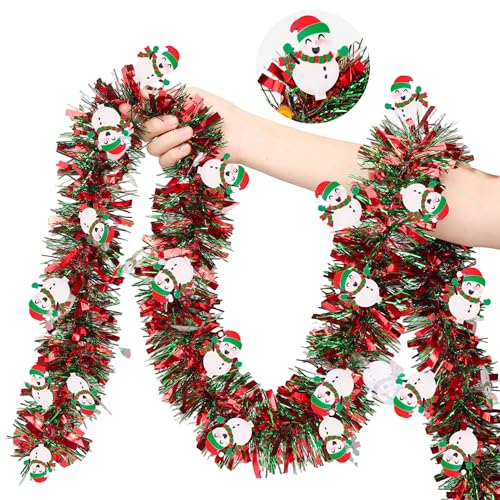 50FT Red Green Christmas Tinsel Garland with Snowman Ornaments - Metallic Xmas Decor