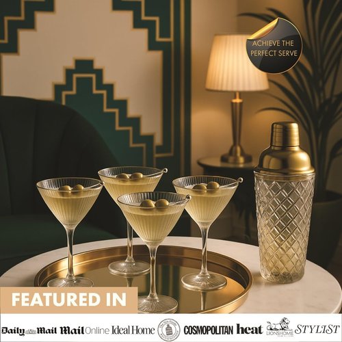 VEMACITY - Luxury Cocktail Shaker Set - Gold Glass Cocktail Shaker with Built-In Strainer + 2 Ribbed Espresso Martini Glasses with Gold Rims, Bar Spoon & Jigger | Ideal for Home Mixology