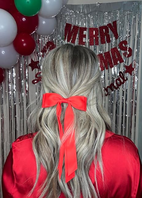 Satin Silk Long Tail Hair Bow Clip Red 2-Pack for Women and Girls