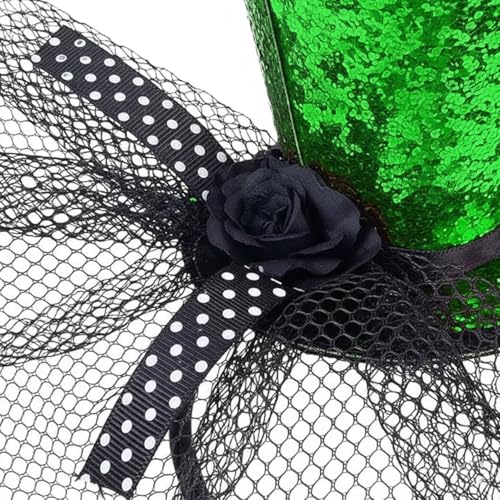 St. Patrick’s Day Green Sequin Mini Top Hat Headband with Tulle & Rose